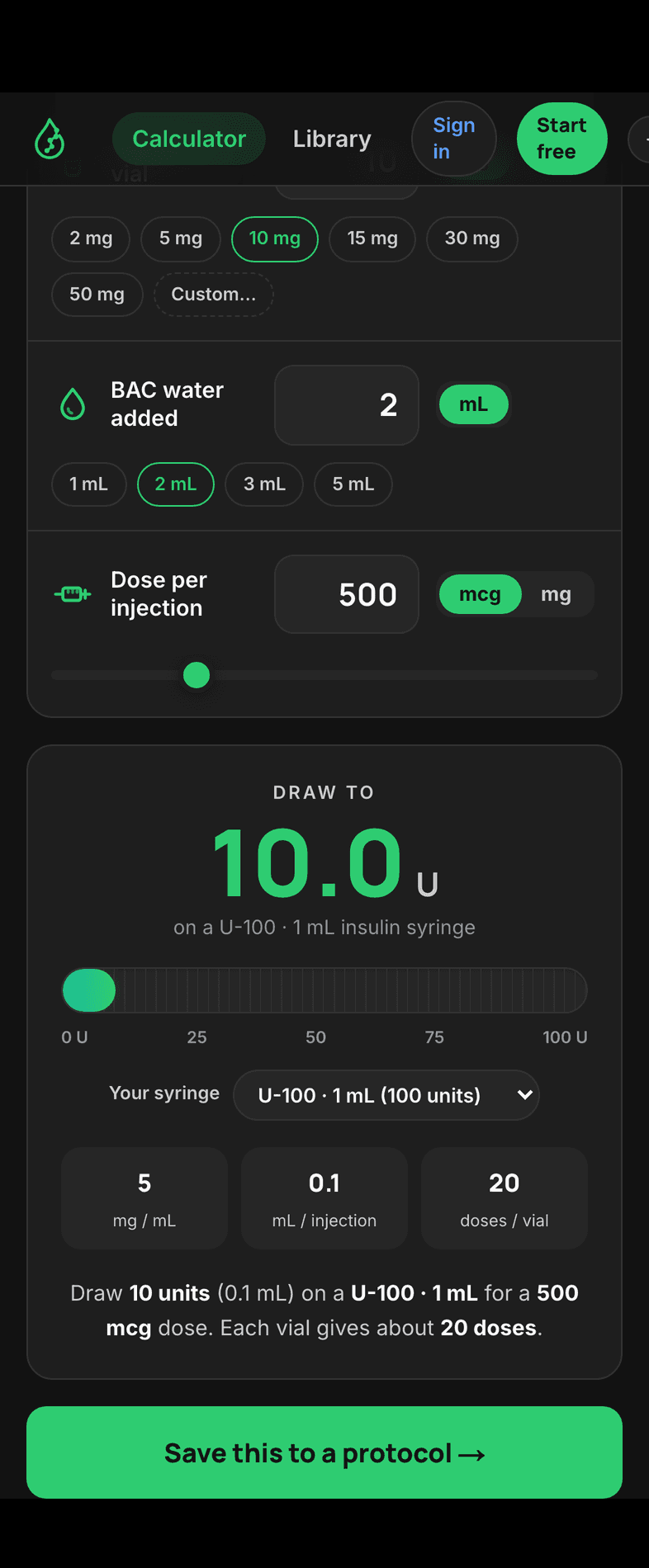 The reconstitution calculator on iPhone with a 10 mg vial and 2 mL of bacteriostatic water, showing a 500 mcg dose as 10 units on a U-100 syringe.